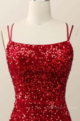 Double Straps Red Sequin Mermaid Long Prom Dress