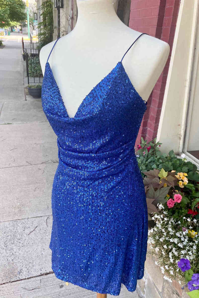 Elegant Blue Sequined Short Homecoming Dress,Sexy Maxi Cocktail Dresses