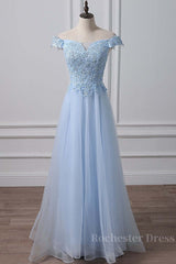 Elegant Off Shoulder Long Sky Blue Lace Prom Dress, Off Shoulder Sky Blue Formal Dress, Sky Blue Lace Evening Dress
