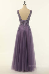 Elegant Purple A-line Tulle Long Formal Dress