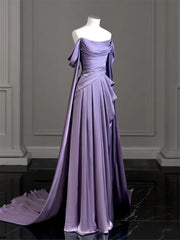 Elegant Purple Satin Prom Dress, Draped Bodice Formal Party Dress