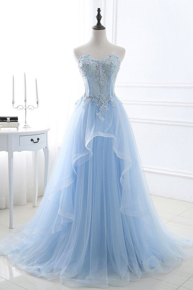 Fashion Sweetheart Long Tulle Sky Blue Prom Party Gowns with Sequins