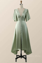Flare Sleeves Green Empire Midi Bridesmaid Dress