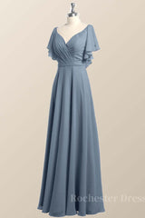Flutter Sleeves Dusty Blue Chiffon A-line Long Bridesmaid Dress
