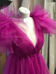 Fuchsia A-line V Neck Tulle Prom Dress