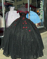 Glitter Black With Burgundy Butterflies Quinceanera Dress Sweet 16 Dress Ball Gown