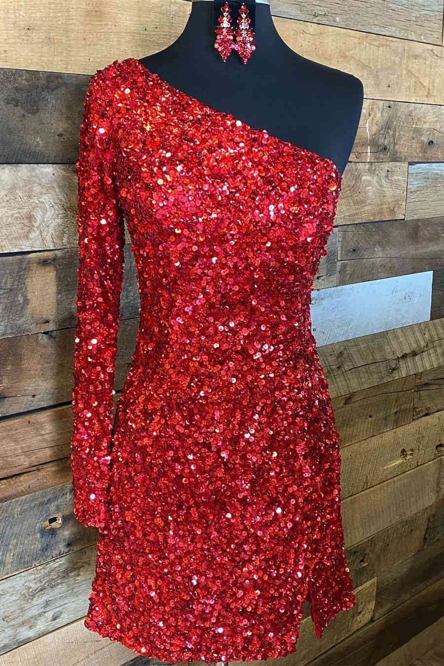 Glitter One Sleeve Red Sequined Homecoming Dress,Stunning Cocktail Dresses Short Formal