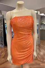 Glitter Orange Strapless Sequined Mini Homecoming Dress