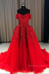 Gorgeous Off Shoulder Red Lace Long Prom Dresses, Red Lace Formal Evening Dresses, Red Ball Gown