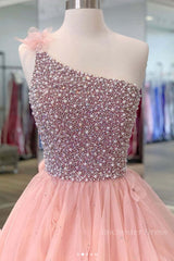 Gorgeous One Shoulder Beaded Pink Long Prom Dresses, Fluffy Pink Formal Evening Dresses, Beaded Ball Gown