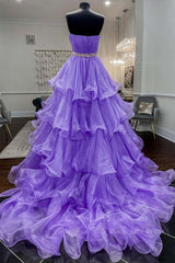 Gorgeous Strapless Layered Purple Tulle Long Prom Dresses with Belt, Purple Formal Evening Dresses, Purple Ball Gown