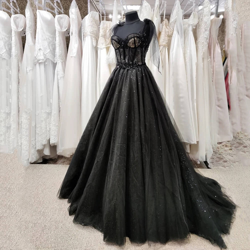 Gothic Tulle Black Party Dress,Prom Evening Dresses,Glitter A-Line Party Dress,Maxi Corset Dress
