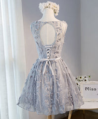 Gray Round Neck Lace Short Prom Dress, Cute Lace Homecoming Dress