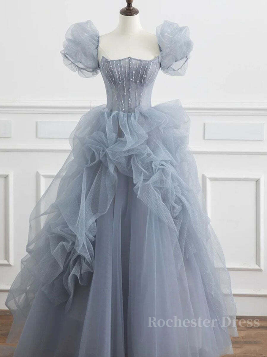 Gray tulle beads long prom dress, gray tulle formal dress