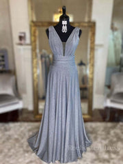 Gray v neck tulle sequin long prom dress, gray evening dress