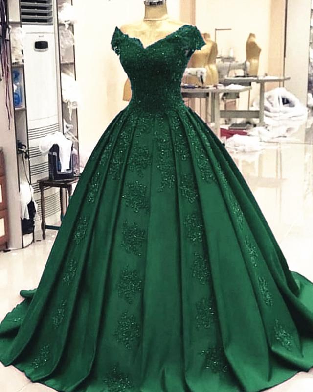 Green Ball Gown Satin Prom Dresses Lace V Neck Formal Dress,Quinceanera Dresses