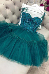 Green Beaded Lace Short Prom Dress with Straps, Short Green Lace Formal Graduation Homecoming Dress with Beading