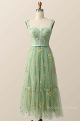 Green Embroidered A-line Midi Dress