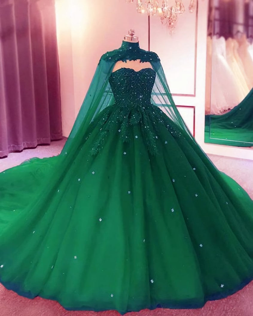 Green Sweetheart Ball Gown Prom Dress With Cape