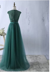 Green tulle lace top round neck long evening dresses ,simple formal dress