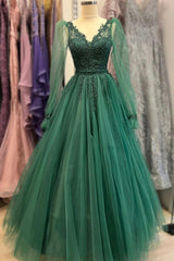 Green V-Neck Tulle Long Prom Dresses,A-Line Long Sleeve Evening Dress