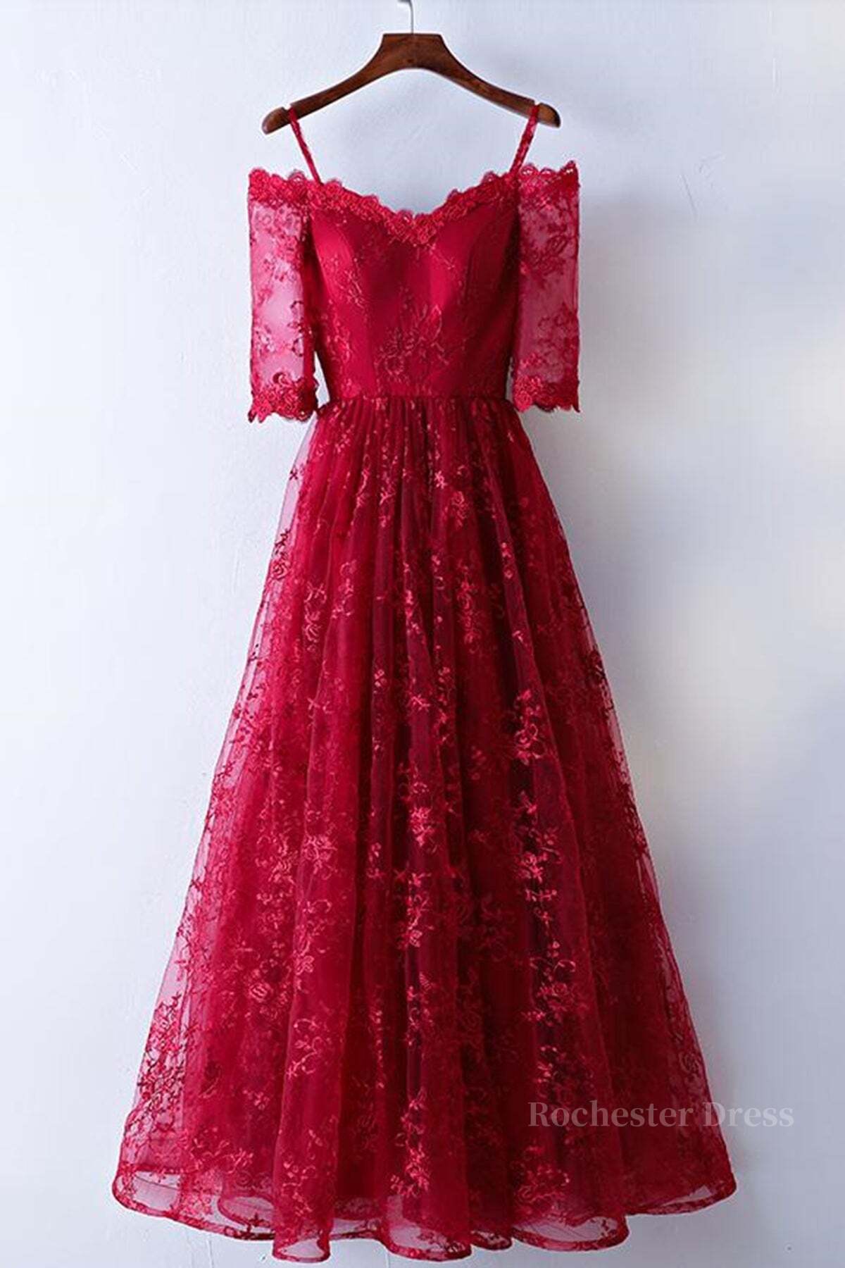 Half Sleeves Burgundy Lace Prom Dresses, Wine Red Half Sleeves Long Lace Formal Evening Dresses