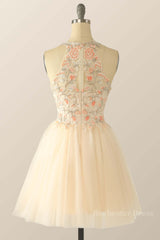 Halter Floral Embroidered Champagne Tulle Homecoming Dress