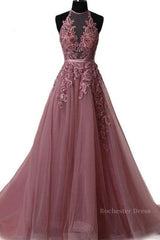 Halter Neck Backless Lace Prom Dresses, Open Back Halter Neck Lace Formal Evening Dresses
