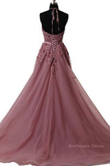 Halter Neck Backless Lace Prom Dresses, Open Back Halter Neck Lace Formal Evening Dresses
