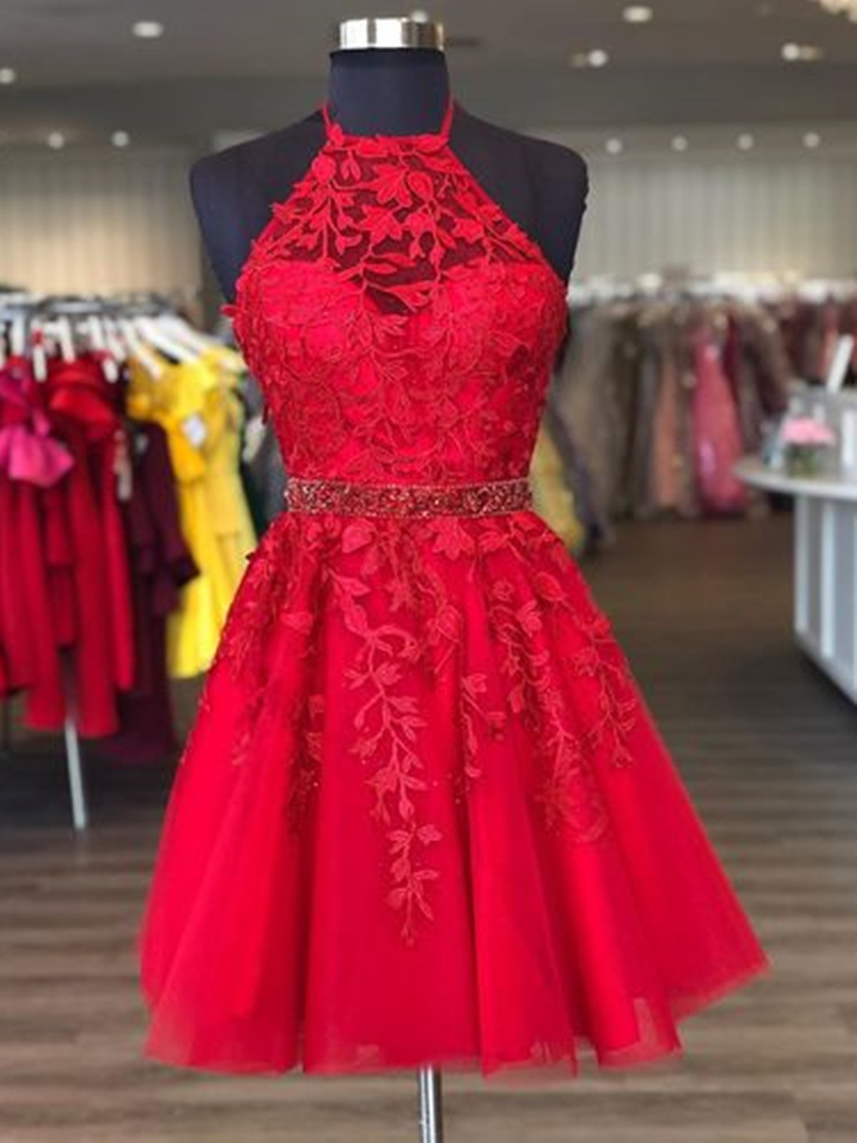 Halter Neck Short Red Lace Prom Dresses, Short Red Lace Formal Homecoming Dresses
