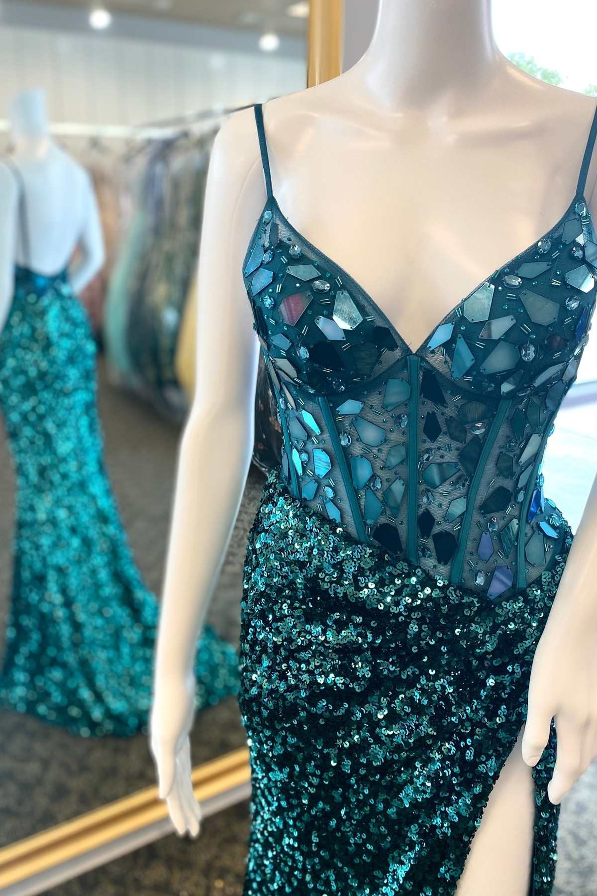 Hunter Green Sequin Cut Glass Mirror Long Prom Dress with Slit