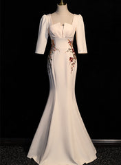Ivory Mermaid Short Sleeves Wedding Party Dress, Ivory Long Evening Dress Prom Dress
