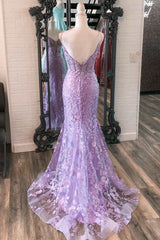 Lavender Floral Appliques Deep V Neck Mermaid Long Prom Dresses Gala Dress Formal