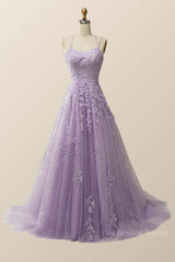 Lavender Lace Appliques A-line Long Formal Dress