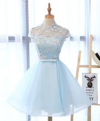 Light Blue Applique Short Prom Dress, Blue Homecoming Dress