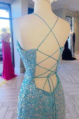 Light Blue Iridescent Sequin Lace-Up Long Prom Dress with Slit