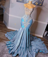Light Blue prom dresses, crystal evening dresses, sequins evening gowns, mermaid prom dresses
