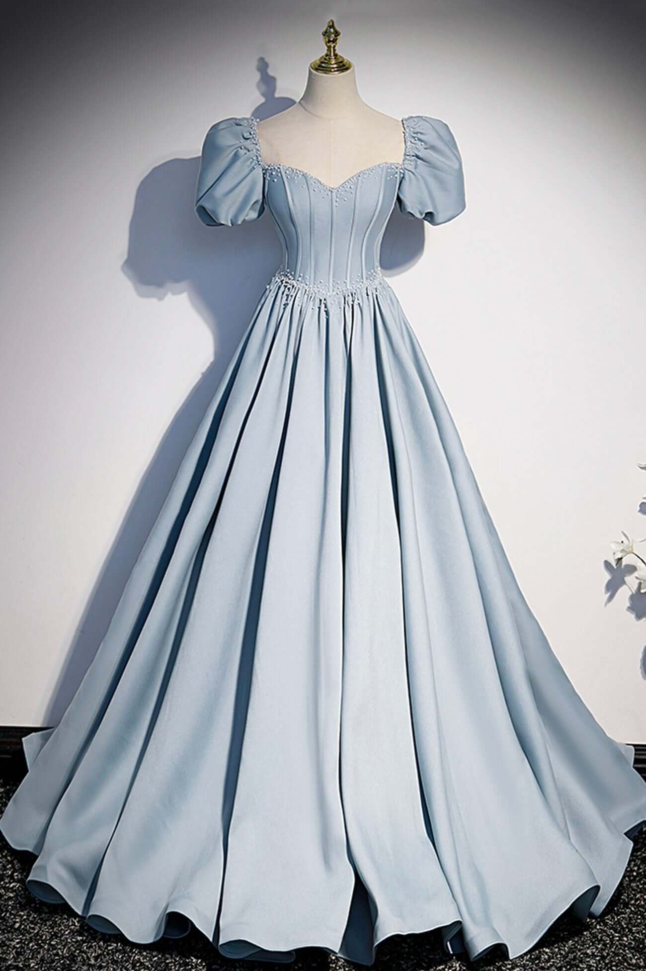 Light Blue Satin Long Prom Dress,A-Line Short Sleeve Evening Dresses
