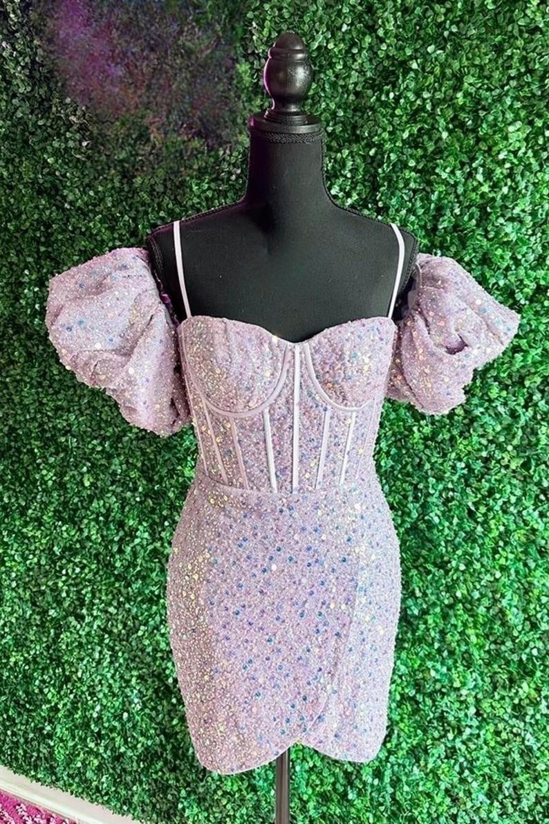 Light Pink Puff Sleeves Sequins Sheath Homecoming Dress Cocktail