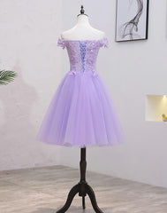 Light Purple Lace And Tulle Off The Shoulder Homecoming Dress, Short Party Dress