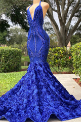 Long Royal Blue Mermaid Prom Dresses V Neck Open Backs