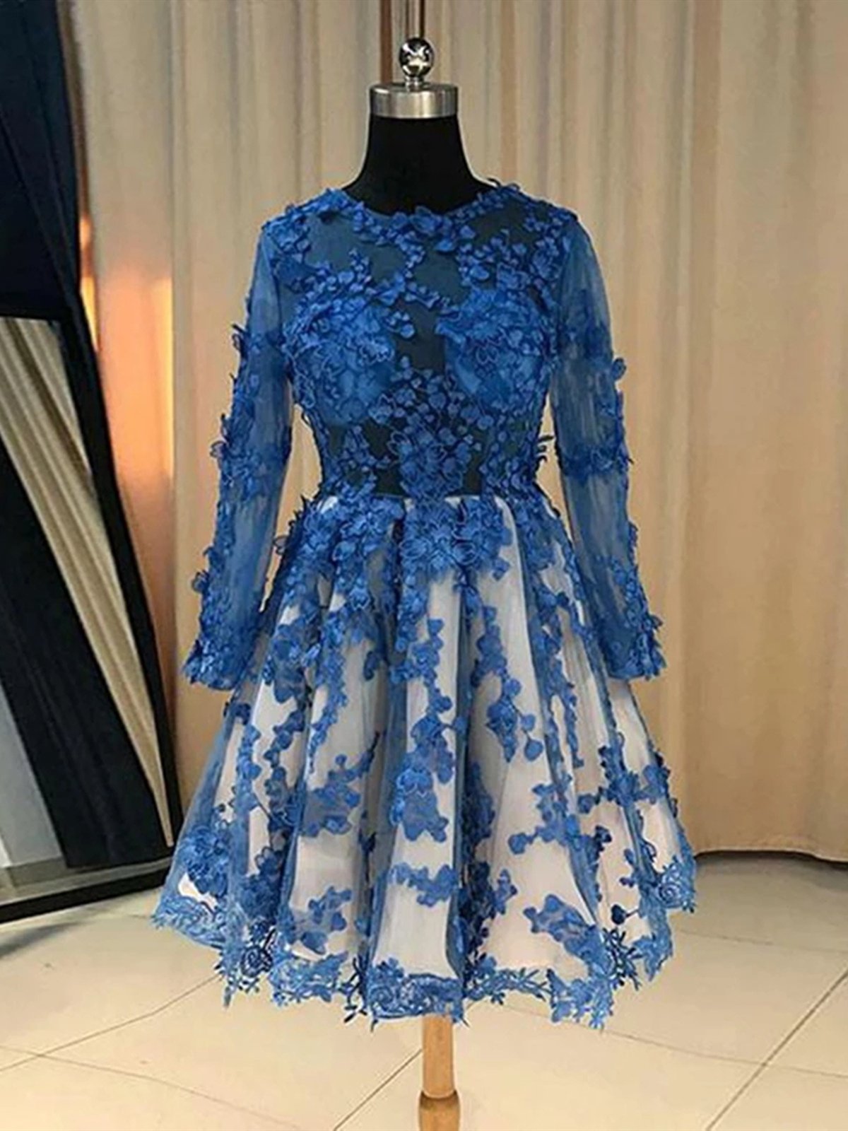 Long Sleeves Short Blue Lace Prom Dresses, Short Blue Lace Formal Homecoming Graduation Dresses