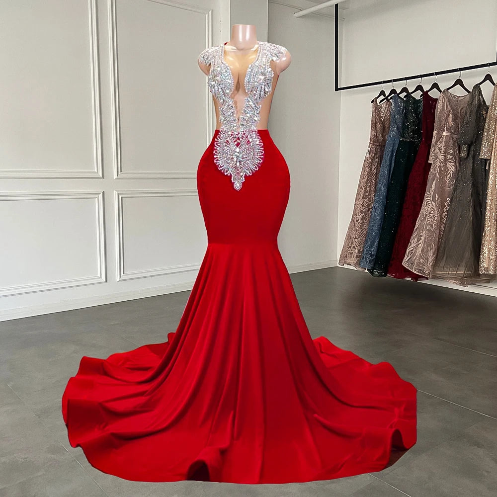 Luxury Sparkly Silver Handmade Diamond Red Spandex Black Girl Mermaid Long Prom Dresses