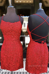 Mermaid Backless Short Red Lace Prom Homecoming Dress, Mermaid Red Formal Dress, Red Lace Evening Dress