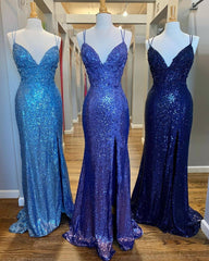 Mermaid Purple Sequins Long Prom Dress with Slit,Navy Blue Evening Party Gowns
