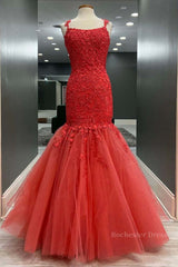 Mermaid Red Tulle Lace Long Prom Dresses, Mermaid Red Formal Dresses, Red Lace Evening Dresses
