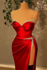 Mermaid Spaghetti Strap Sweetheart Floor-length Sleeveless Red High Split Prom Dresses
