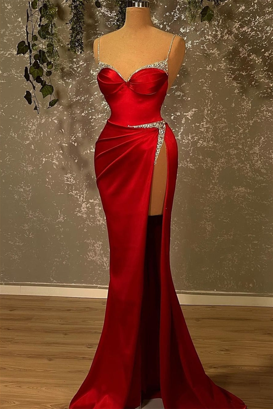 Mermaid Spaghetti Strap Sweetheart Floor-length Sleeveless Red High Split Prom Dresses