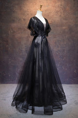 Modest Black Long A-line V-neck Black Prom Dresses Chic Party Dress