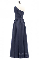 Navy Blue One Shoulder A-line Chiffon Long Bridesmaid Dress